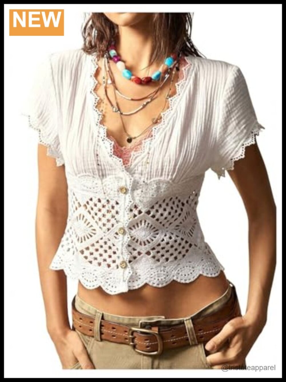 Boho Lace Blouse Hollow Out V-Neck Short Sleeve Summer Top
